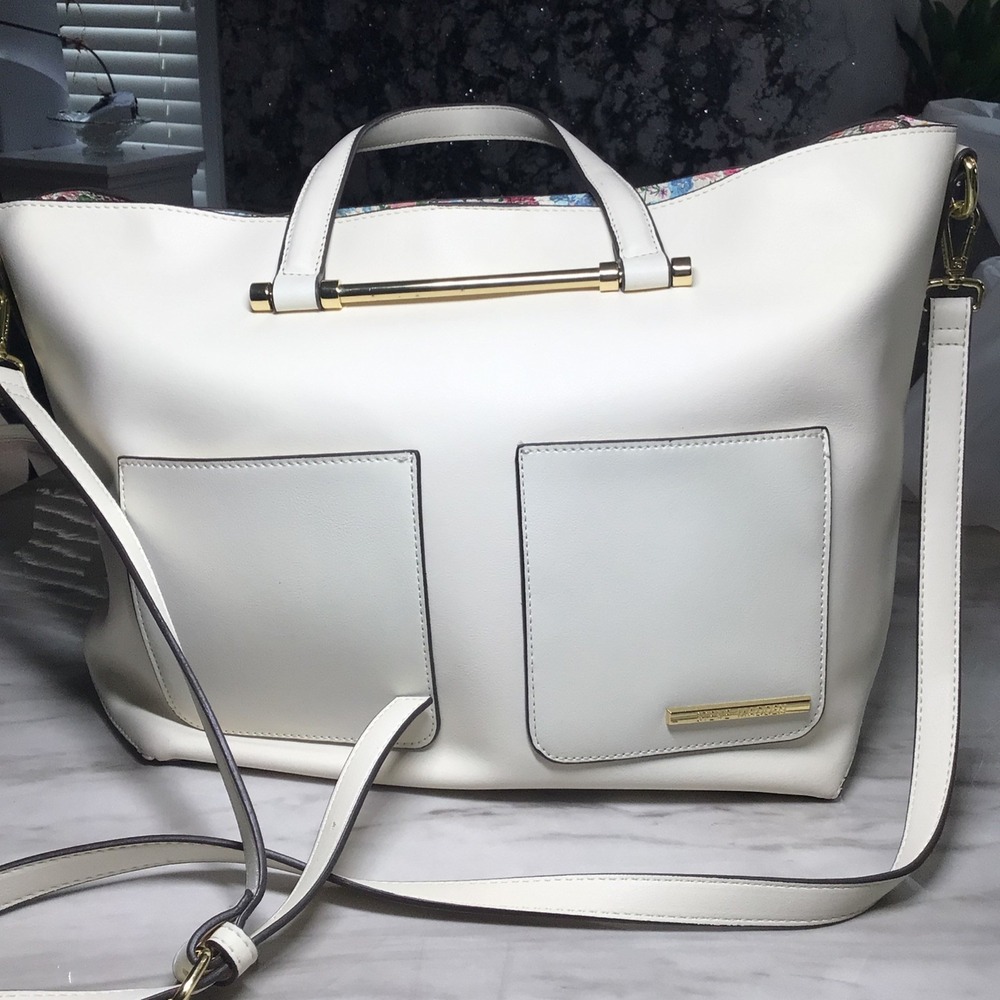 Steve Madden Cream Satchel Handbag Convertible Crossbody with Floral interior - Picture 2 of 16